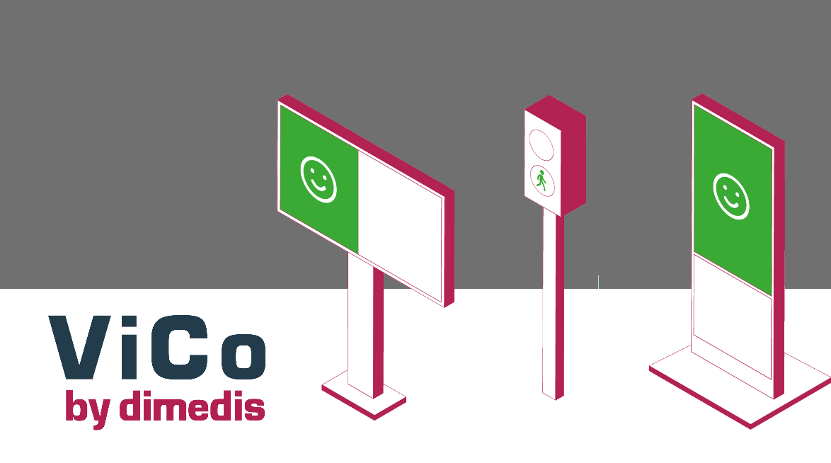 Grafik: ViCo-Logo kombiniert mit Ampelsystem und Bildschirme zur Zutrittskontrolle bei Corona